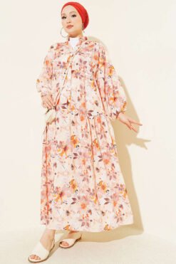 Floral Detail Half Button Dress Beige