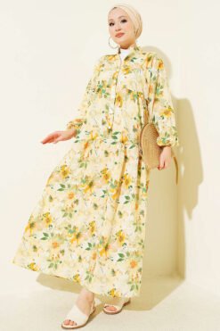 Floral Detail Half Button Dress Yellow