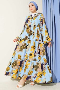 Floral Pattern Tiered Button Dress Blue