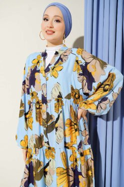 Vista alternativa di Floral Pattern Tiered Button Dress Blue