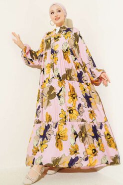 Floral Pattern Tiered Button Dress Pink