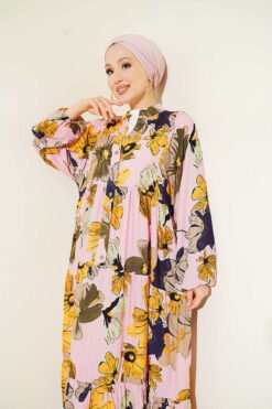 Vista alternativa di Floral Pattern Tiered Button Dress Pink