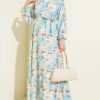 Floral Ruffled Belted Dress Baby Blue