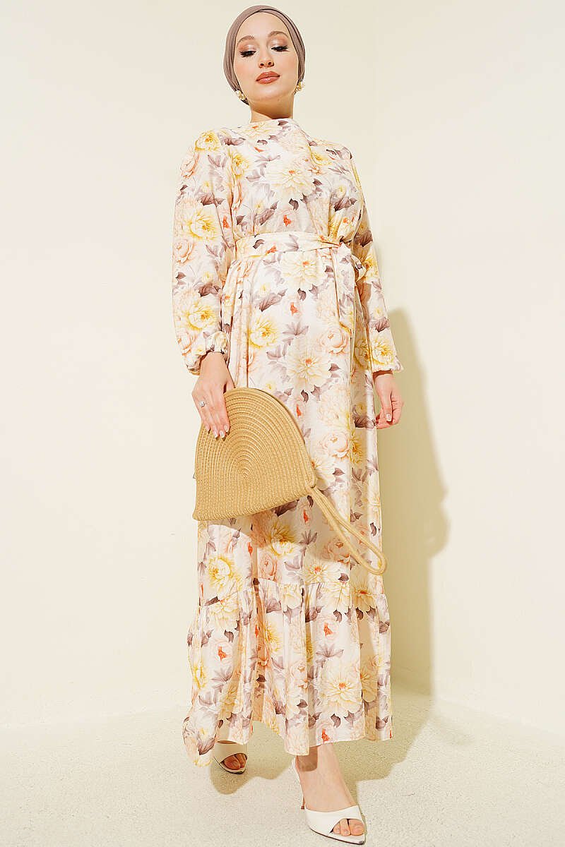 Floral Ruffled Belted Dress Beige