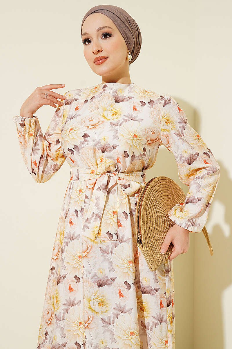 Floral Ruffled Belted Dress Beige - الصورة 2