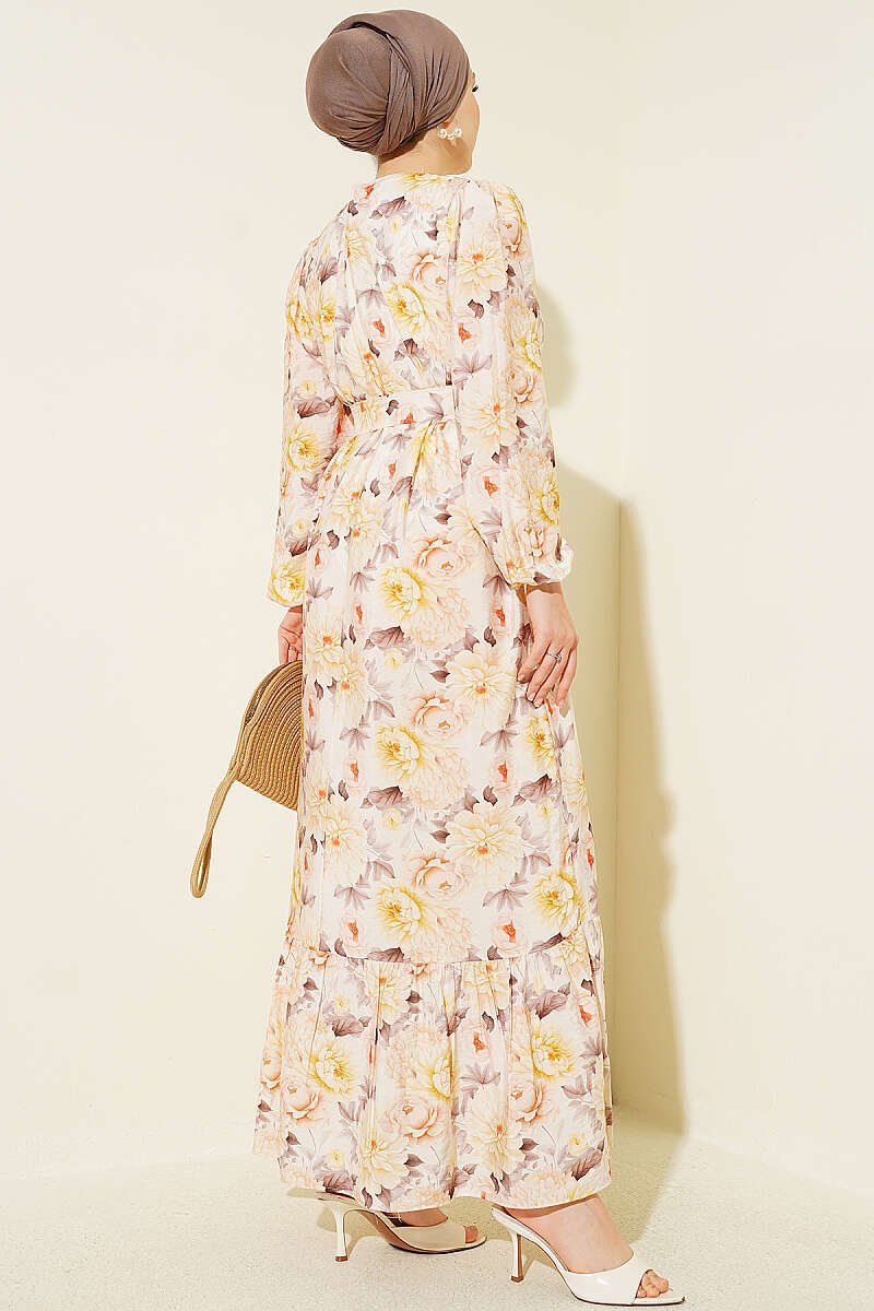 Floral Ruffled Belted Dress Beige - الصورة 3