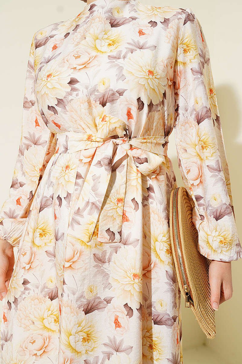 Floral Ruffled Belted Dress Beige - الصورة 4