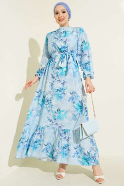 Floral Ruffled Belted Dress Blue