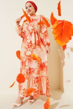Floral Ruffled Belted Dress Orange
