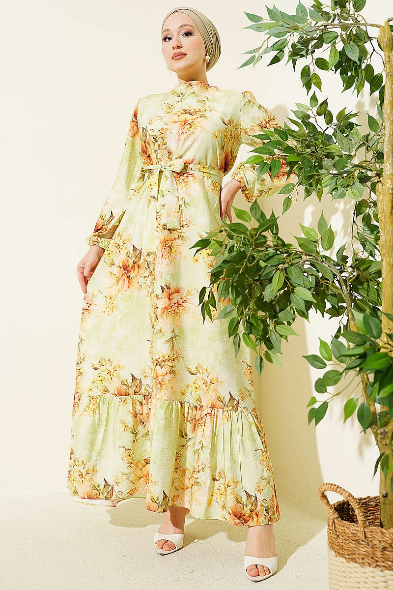 Floral Ruffled Belted Dress Green