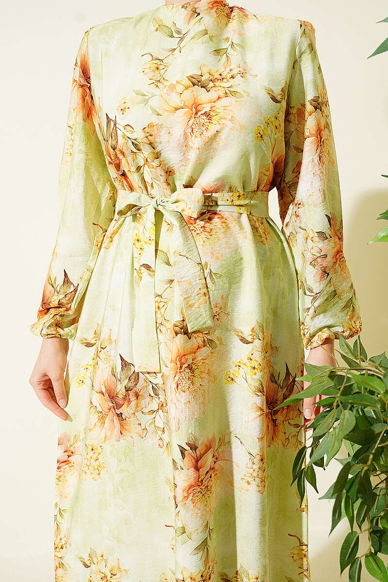 Floral Ruffled Belted Dress Green - الصورة 4