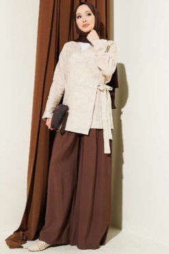 Vista alternativa di Flower Embroidered Tied Kimono Beige