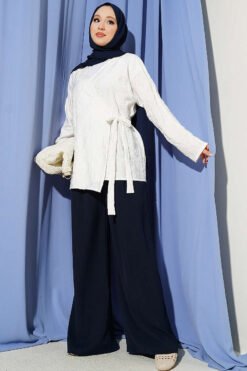 Vista alternativa di Flower Embroidered Tied Kimono White