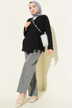 Vista alternativa di Flower Embroidered Tied Kimono Black