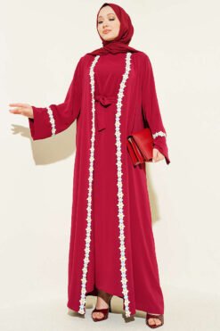 Floral Motif Belted Abaya Burgundy