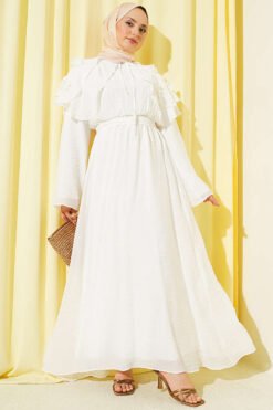 Floral Baby Collar Belted Dress Ecru