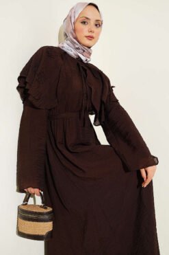 Floral Baby Collar Belted Dress Brown