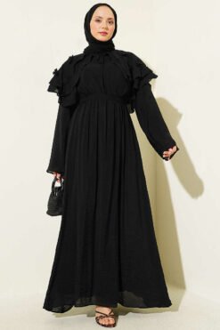 Floral Baby Collar Belted Dress Black