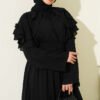 ⁦Floral Baby Collar Belted Dress Black⁩ - الصورة ⁦2⁩