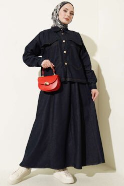Denim Jacket and Skirt Two-Piece Set Navy Blue