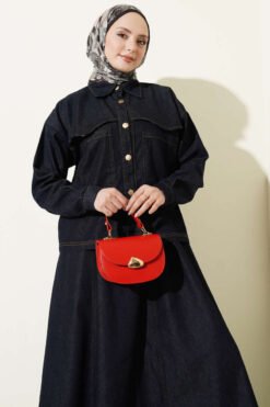 Vista alternativa di Denim Jacket and Skirt Two-Piece Set Navy Blue