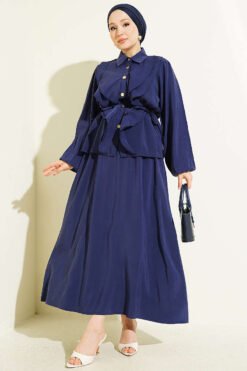 Double Ruffled Tie-Belted Modal Skirt Set Navy Blue