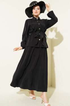 Double Ruffled Tie-Belted Modal Skirt Set Black