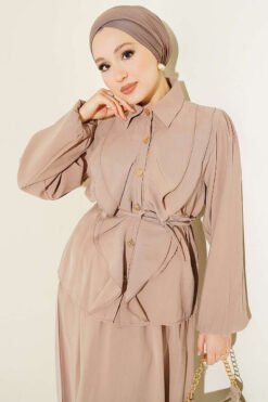 منظر بديل لـ Double Ruffled Tie-Belted Modal Skirt Set Mink