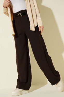 Double Thin Belt Wide Leg Trousers Brown