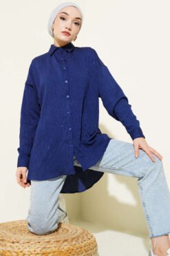 Oversized Sequin Stitch Shirt Navy Blue