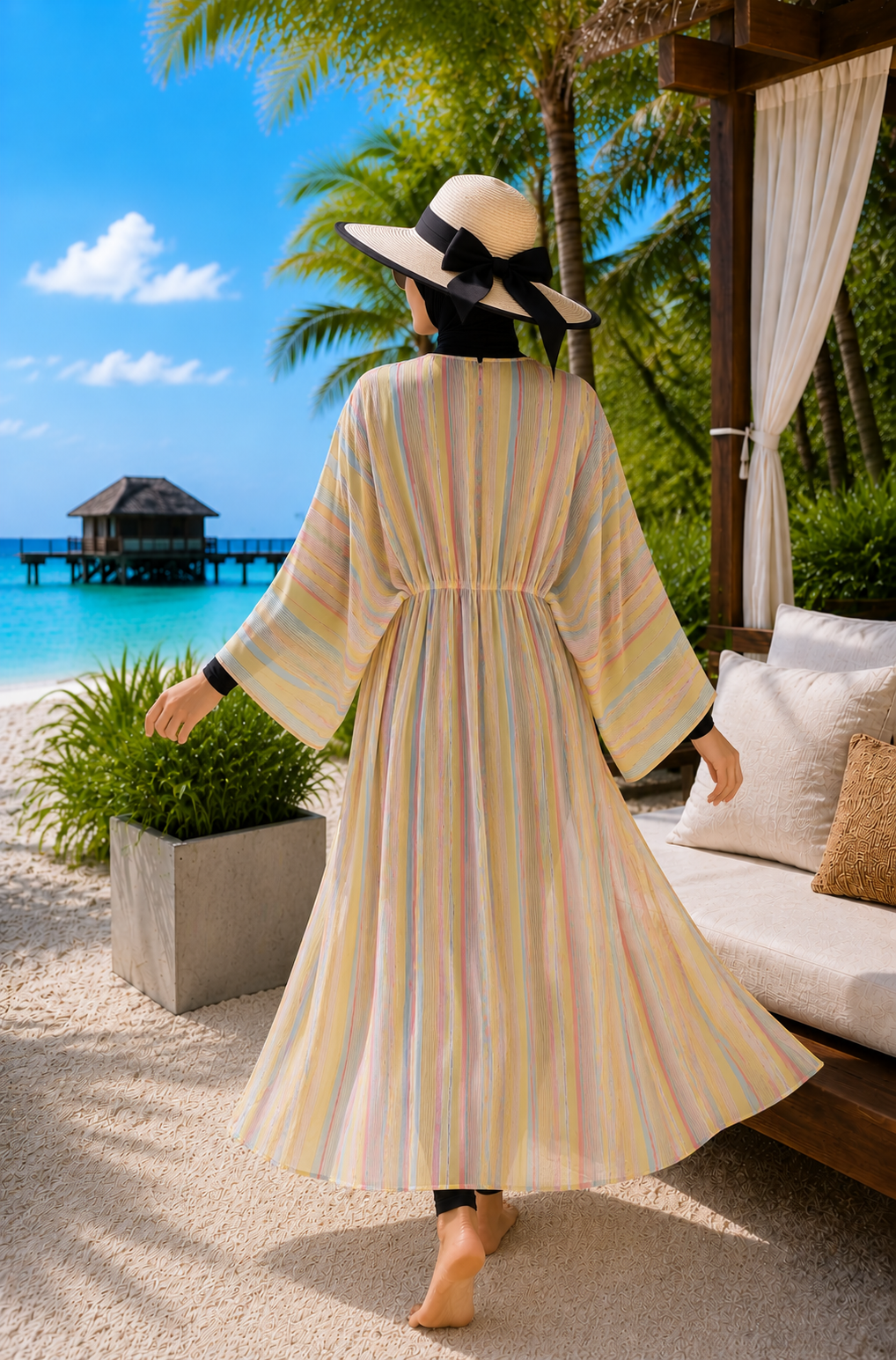 Striped Adjustable Waist Long Pareo Yellow - Imagen 4