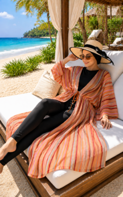 Striped Adjustable Waist Long Pareo Salmon