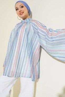 Striped Stand Collar Tunic Blue