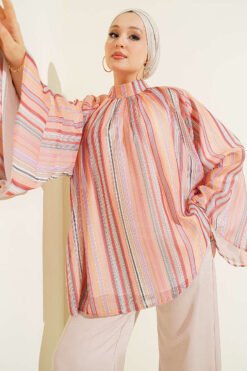 Striped Stand Collar Tunic Powder Pink