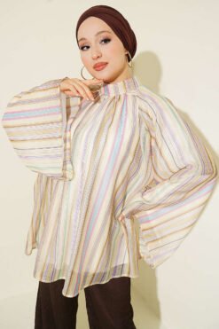 Striped Stand Collar Tunic Yellow
