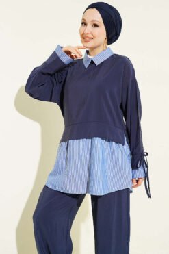 Vue alternative de Striped Shirt with Garnet Modal Two-Piece Set Navy Blue