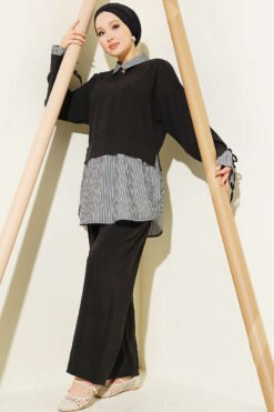 Striped Shirt with Garnet Modal Two-Piece Set Black al por mayor clothing set - Hicabistan fábrica Turquía