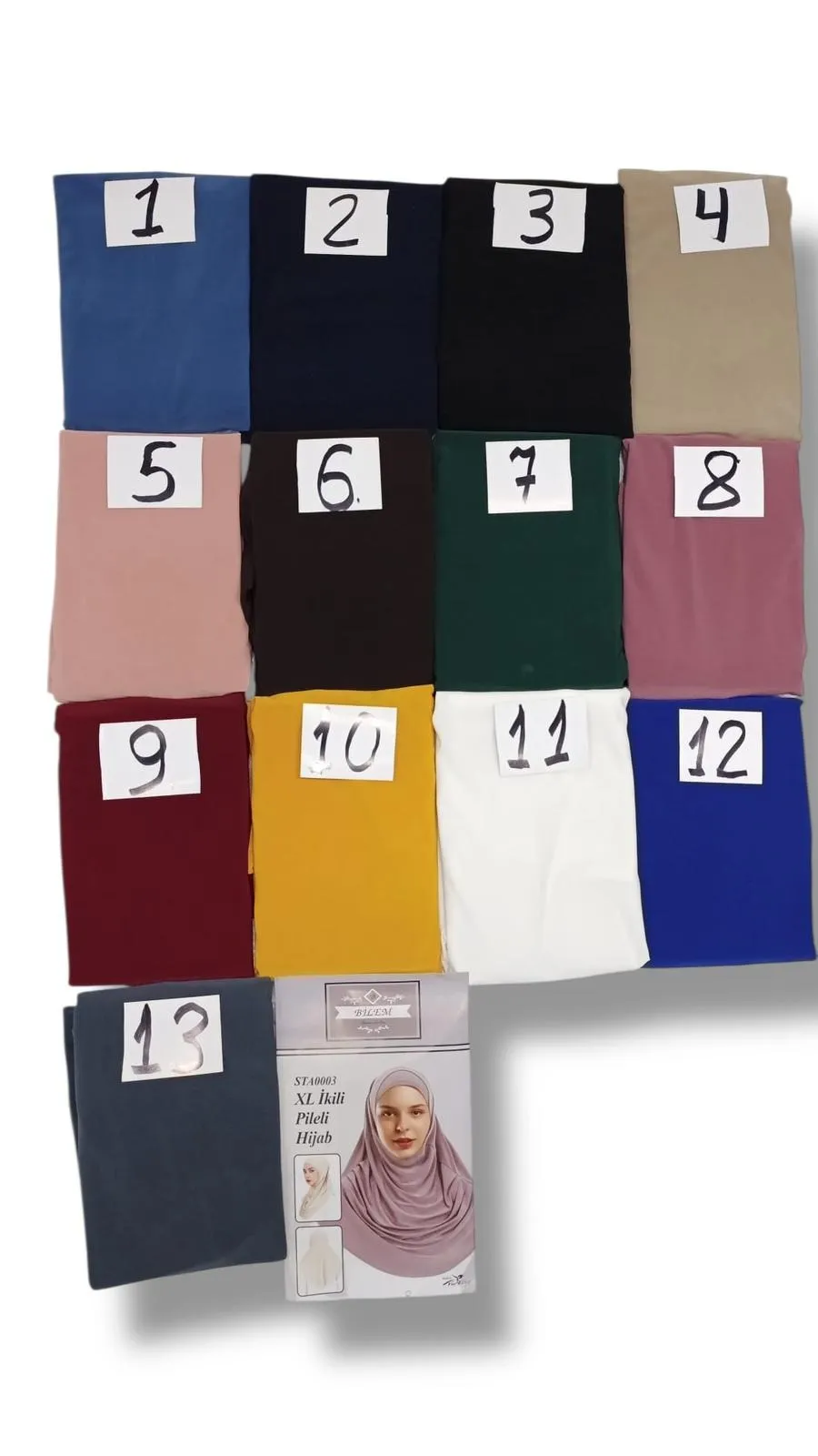 XL Hijab colour chart — 13 numbered groothandel colour swatches