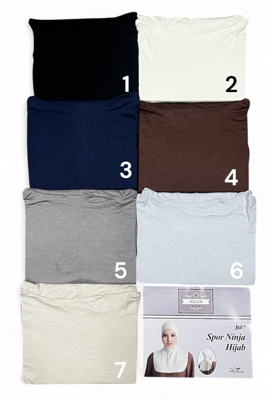 Sport Hijab Cagoule colour chart — 7 numbered groothandel colour swatches