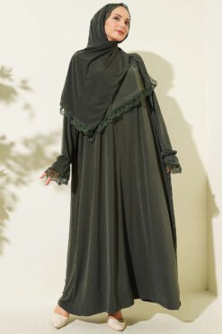 Lace Detailed Prayer Dress with Scarf Khaki