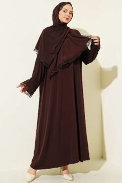 Lace Detailed Prayer Dress with Scarf Brown