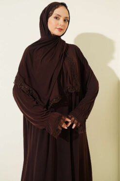 Alternative view of Lace Detailed Prayer Dress with Scarf Brown