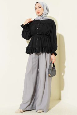 Vista alternativa di Lace Ruffled Waist Tunic Shirt Black