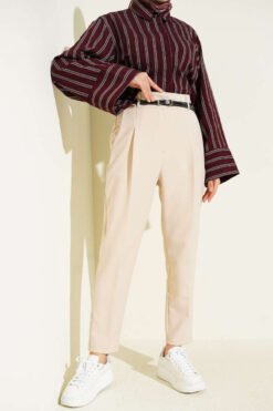 Slim Fit Tapered Fabric Trousers Beige