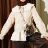 Sailor Collar Stone Button Embroidered Shirt Beige