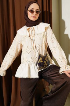 Sailor Collar Stone Button Embroidered Shirt Beige