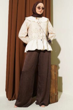 منظر بديل لـ Sailor Collar Stone Button Embroidered Shirt Beige