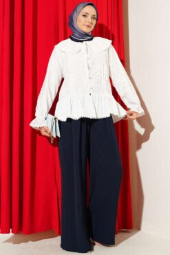 منظر بديل لـ Sailor Collar Stone Button Embroidered Shirt Ecru