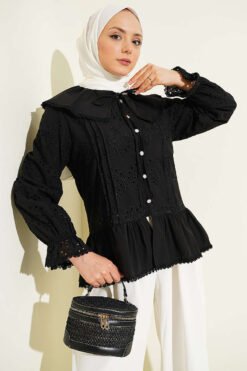 Sailor Collar Stone Button Embroidered Shirt Black