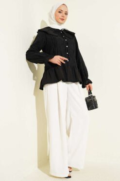 منظر بديل لـ Sailor Collar Stone Button Embroidered Shirt Black